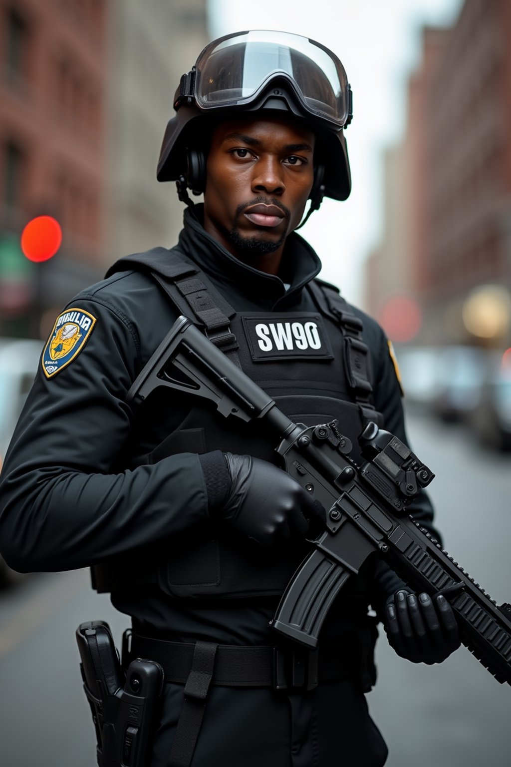 man as a SWAT Officer. wearing black swat vest, swat helmet, holding pdw