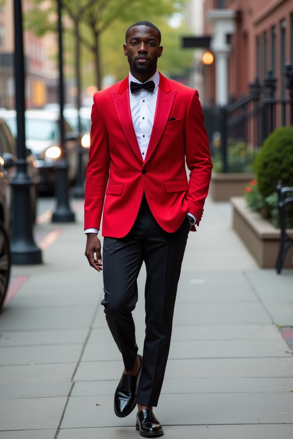 man in red tuxedo  showing cleavage walking on the curb in black shoes