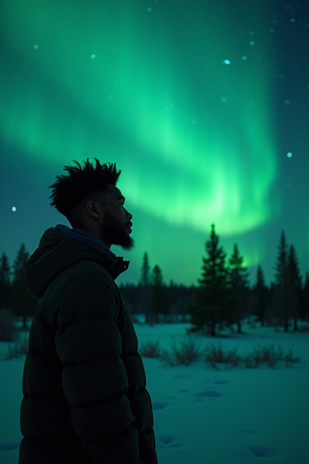 man at night at the Northern Lights Aurora Borealis