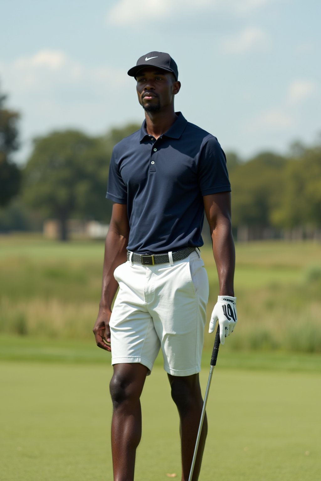 man as a Golfer on the Golf Course holding Golf Club wearing golf shorts or golf skirt, a collared shirt, golf pants