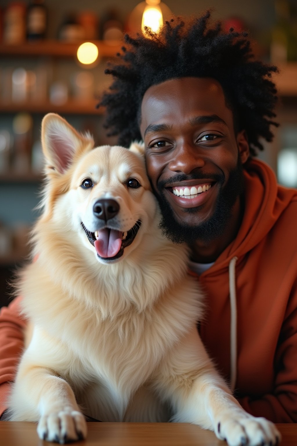 man in a Dog Cafe with many cute Samoyed and Golden Retriever dogs