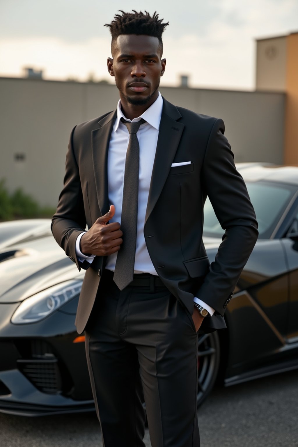 man wearing suit  posing in front of a sports car