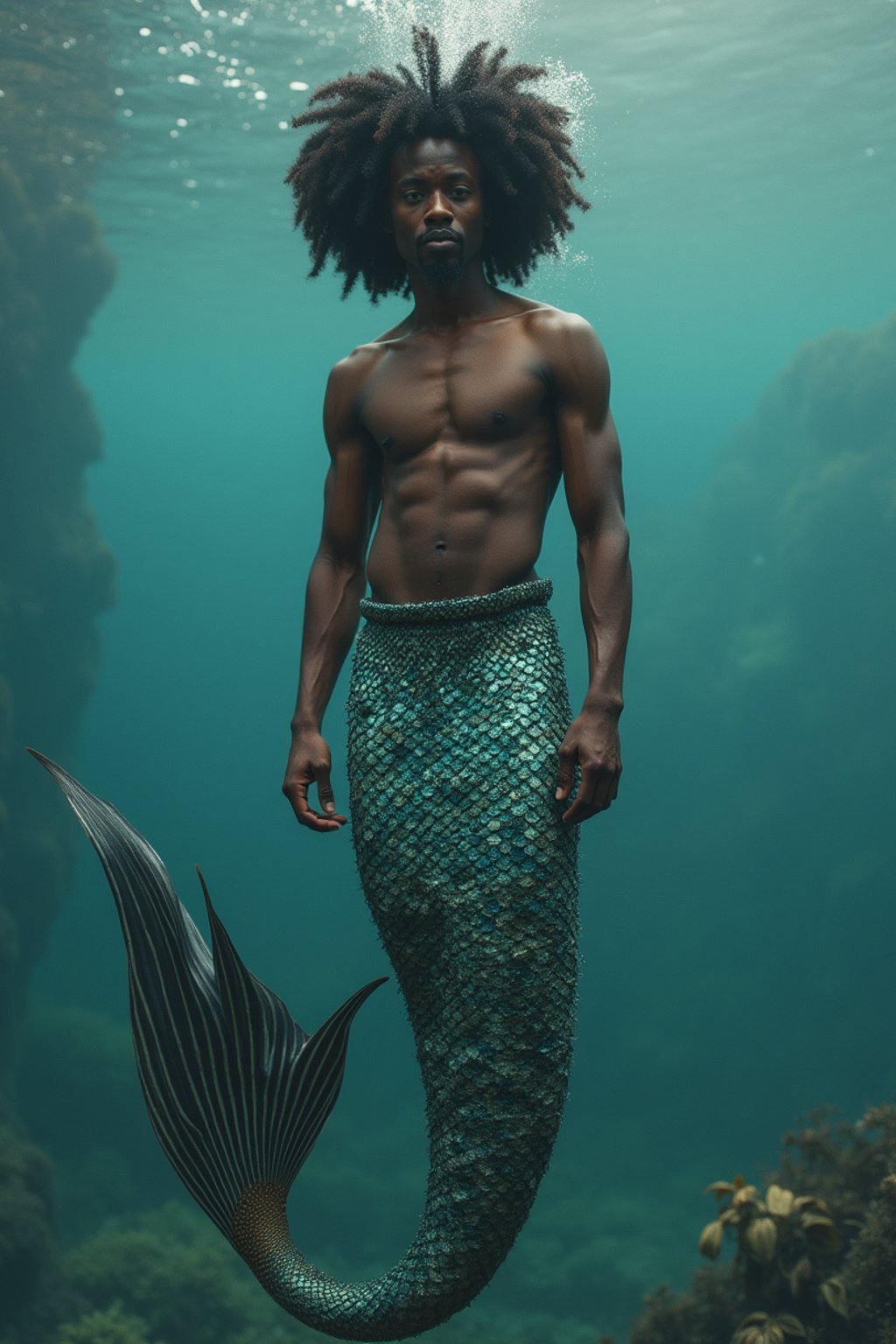 man as a Mermaid the head and upper body of a human and the tail of a fish