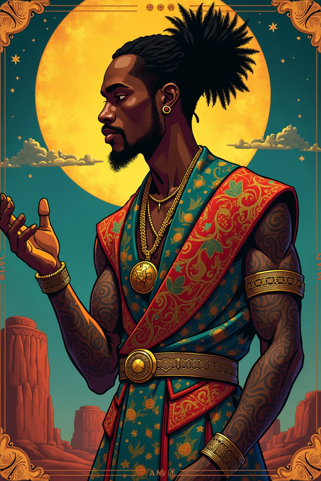 illustration of man as Mythical Tarot Cardin the style of moebius and mohrbacher and rossdraws and ross tran and alphonse mucha and ayami kojima, pixar style, maya engine, splash comics style, tarot card style, art nouveau, rich bright colours