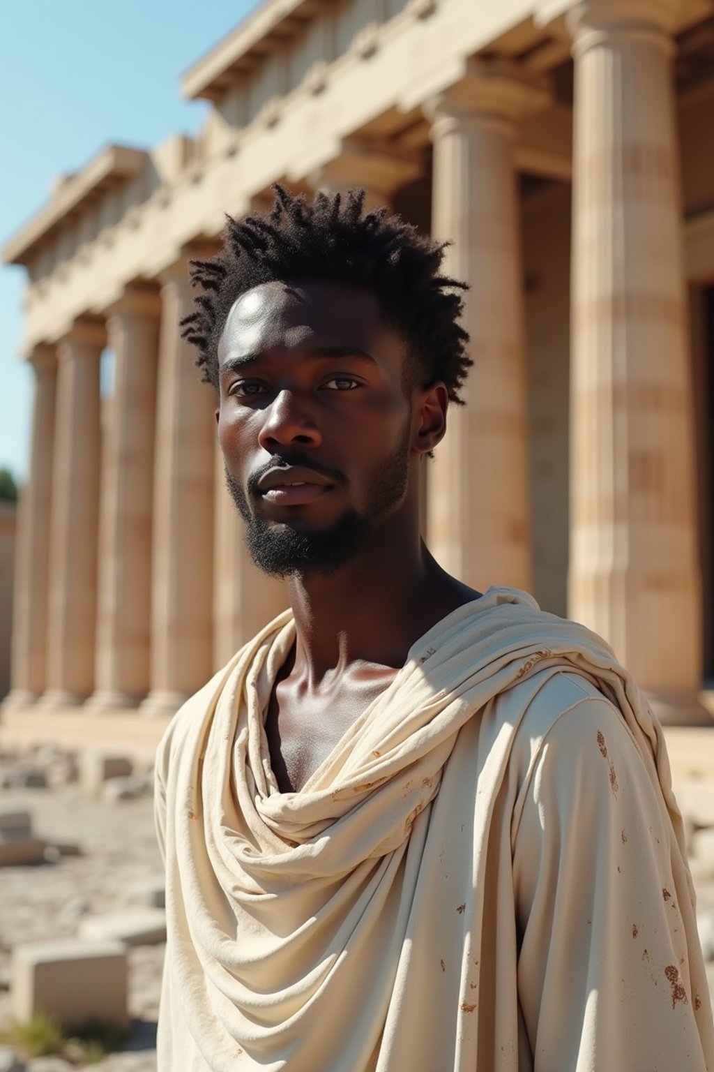 man as Ancient Greek philosopher in 500 B.C., Ancient Roman white clean new temple in background