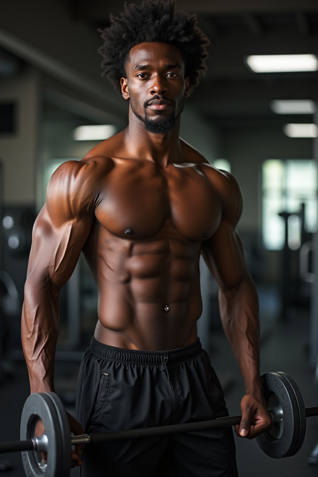 man in shorts and shirtless  in the fitness gym working out