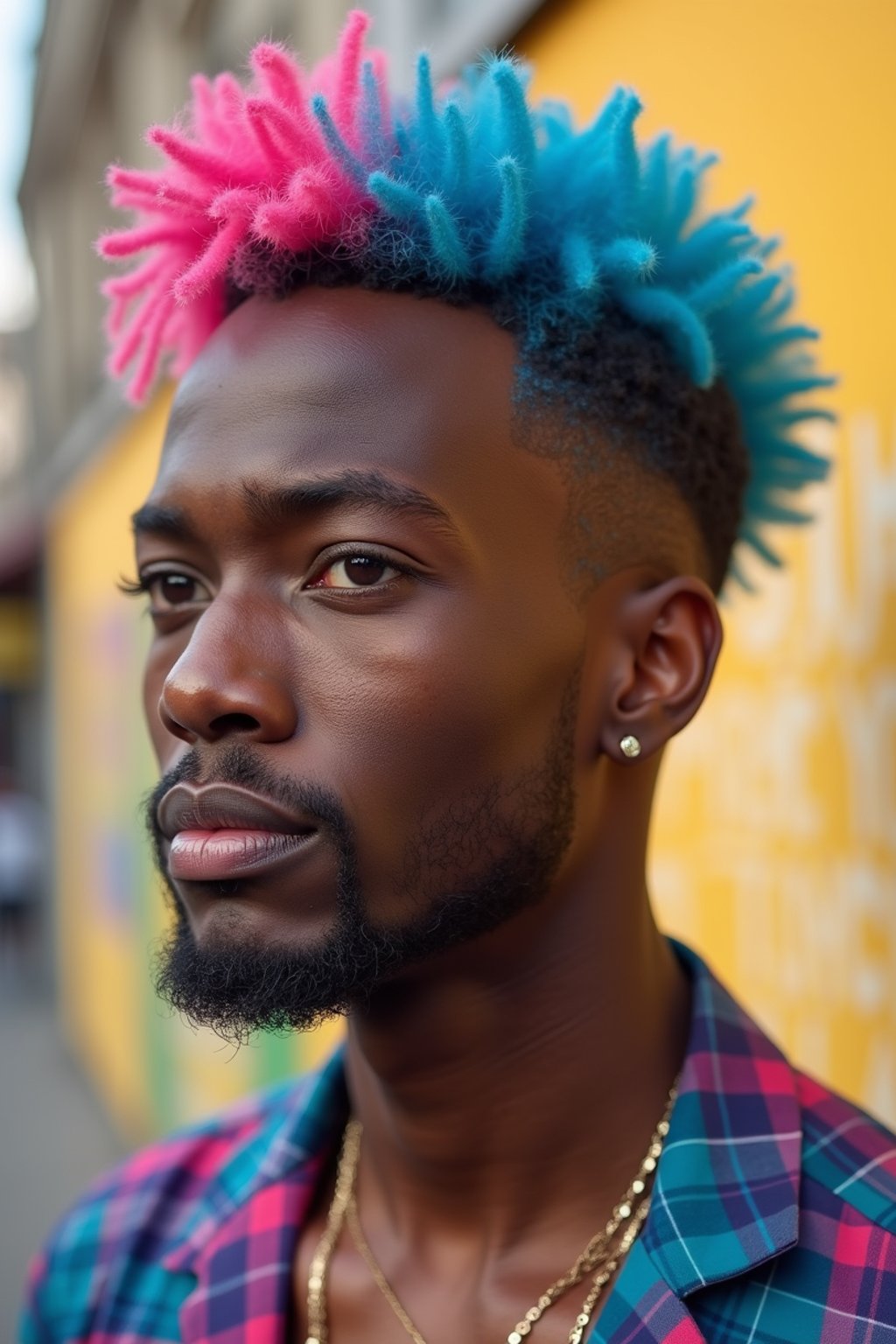 man as a progressive LGBTQ activist with pink or blue hair