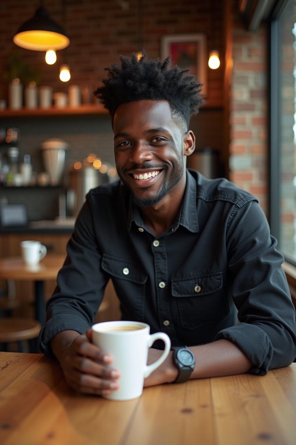 man in hipster coffee place with coffee cup on table