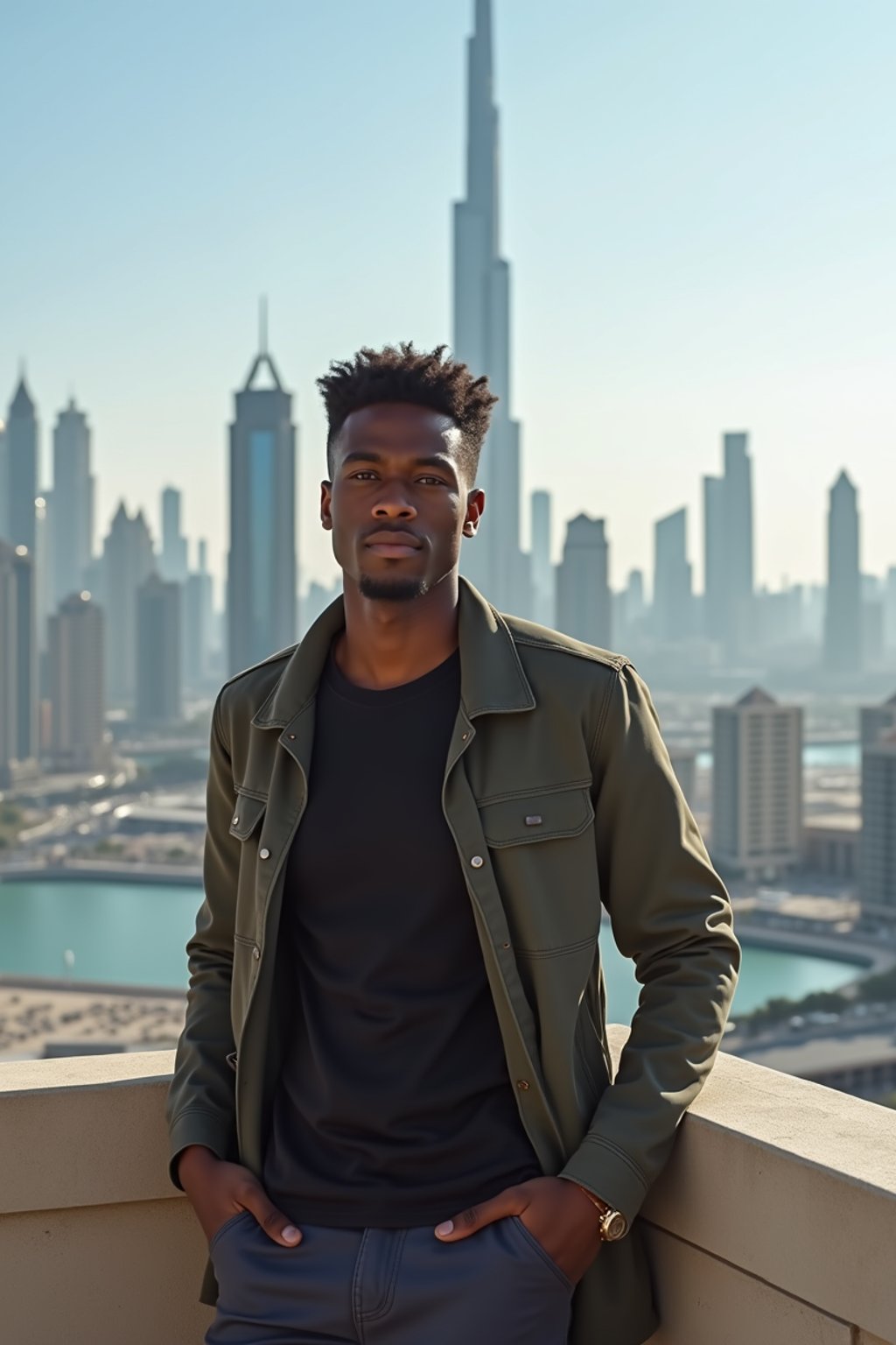 man standing in front of city skyline viewpoint in Dubai with city skyline in background