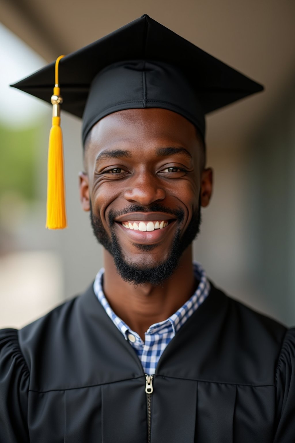 happy  man in Graduation Ceremony wearing a square black Graduation Cap with yellow tassel at college