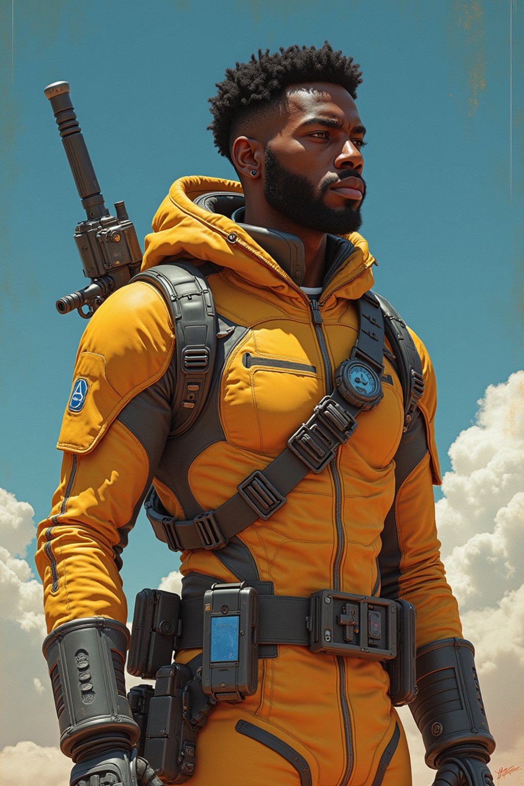 man in Overwatch, character shot, shot, concept art, intricate details, highly detailed, vintage sci - fi poster, retro future, in the style of chris foss, rodger dean, moebius, michael whelan, and gustave dore