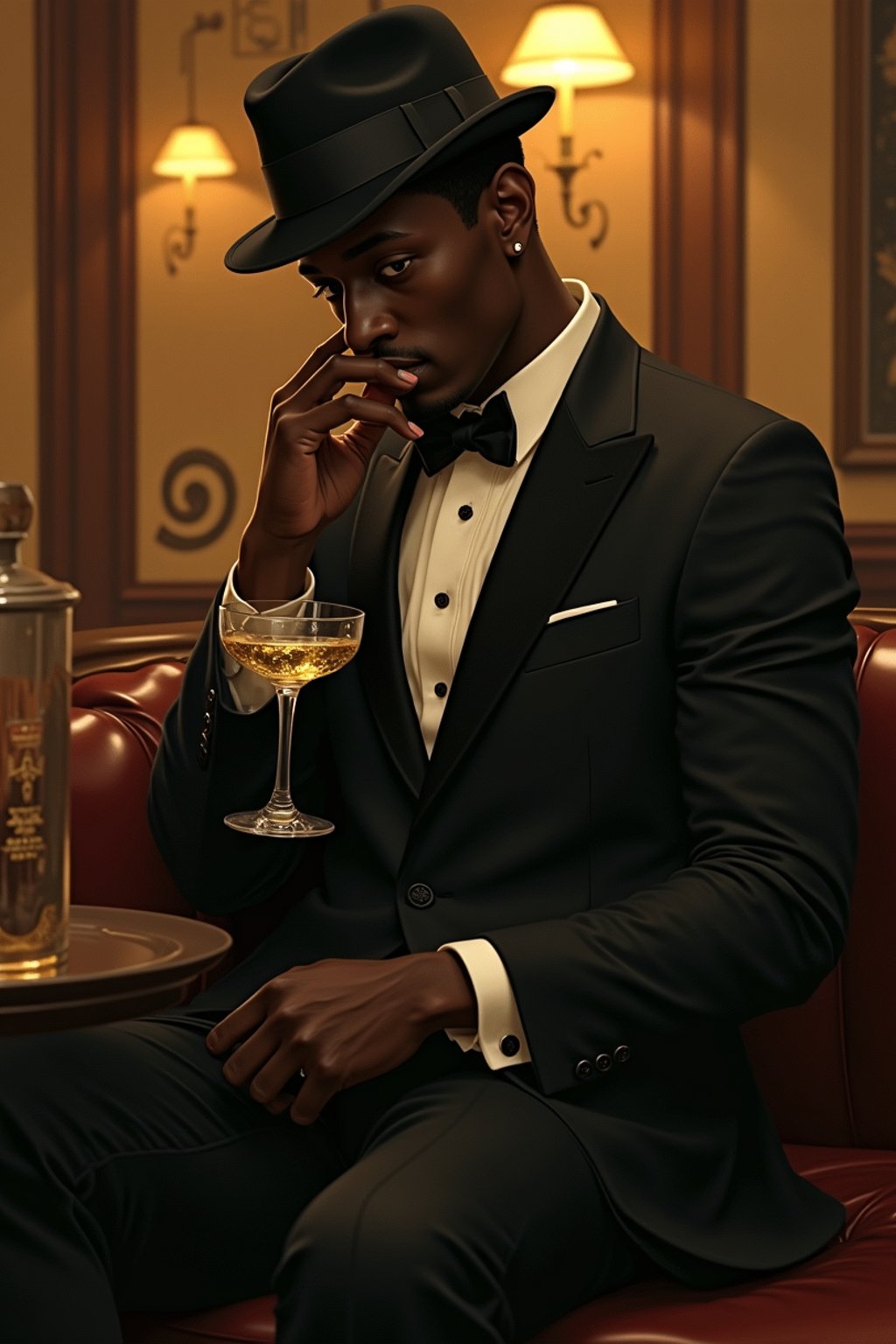 man, dimly lit upscale 1920s speakeasy, relaxed pose, fantasy, art deco, detailed painterly digital art style by coles phillips and alfred charles parker, 🍸🍋