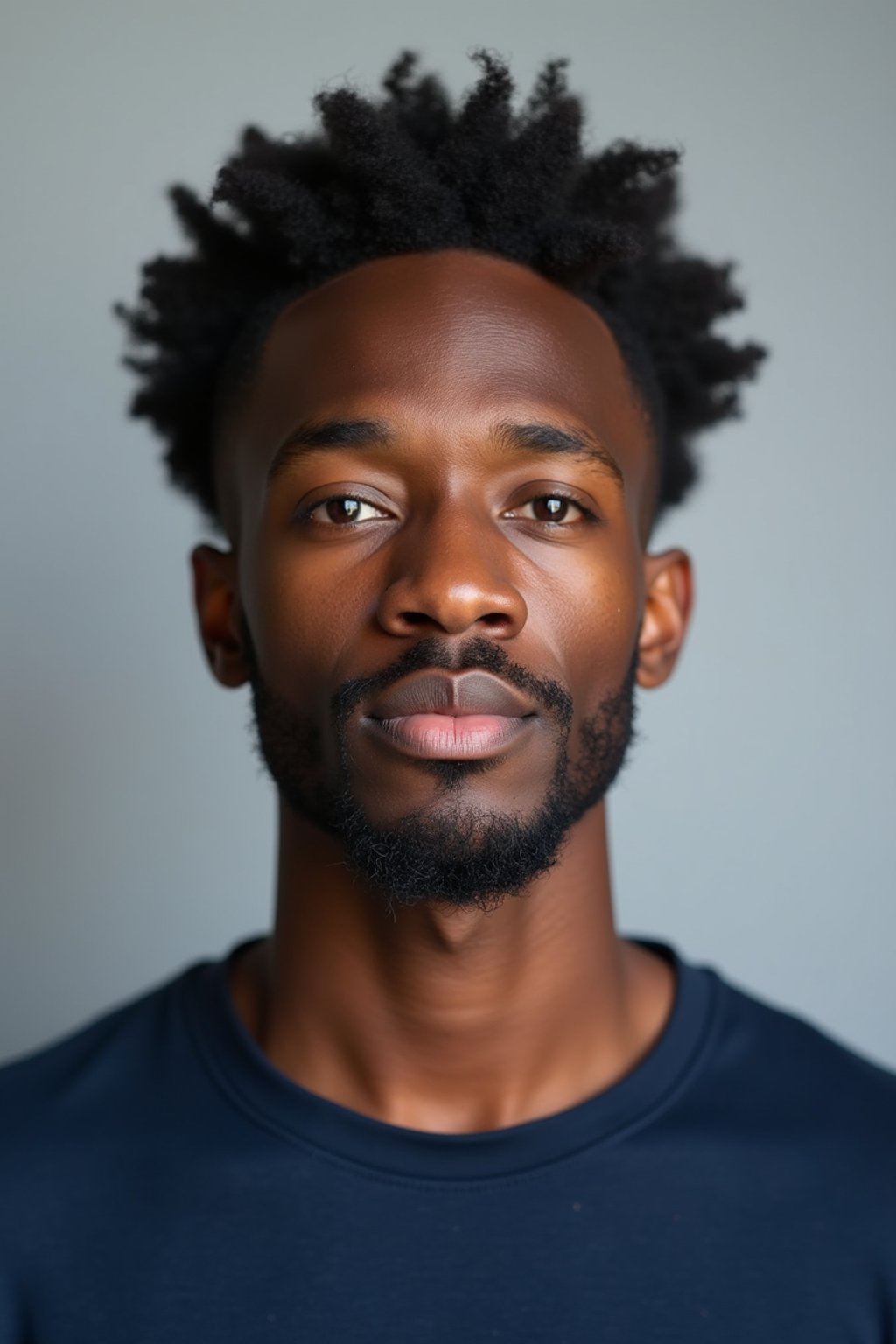 man as official passport photo for government documents. wearing a dark blue navy t-shirt. photorealistic. light gray background. entire face visible. entire head visible