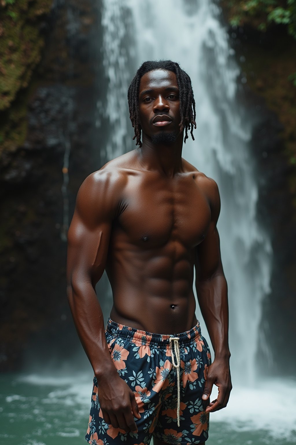 man in swim shorts  under a waterfall, wet hair