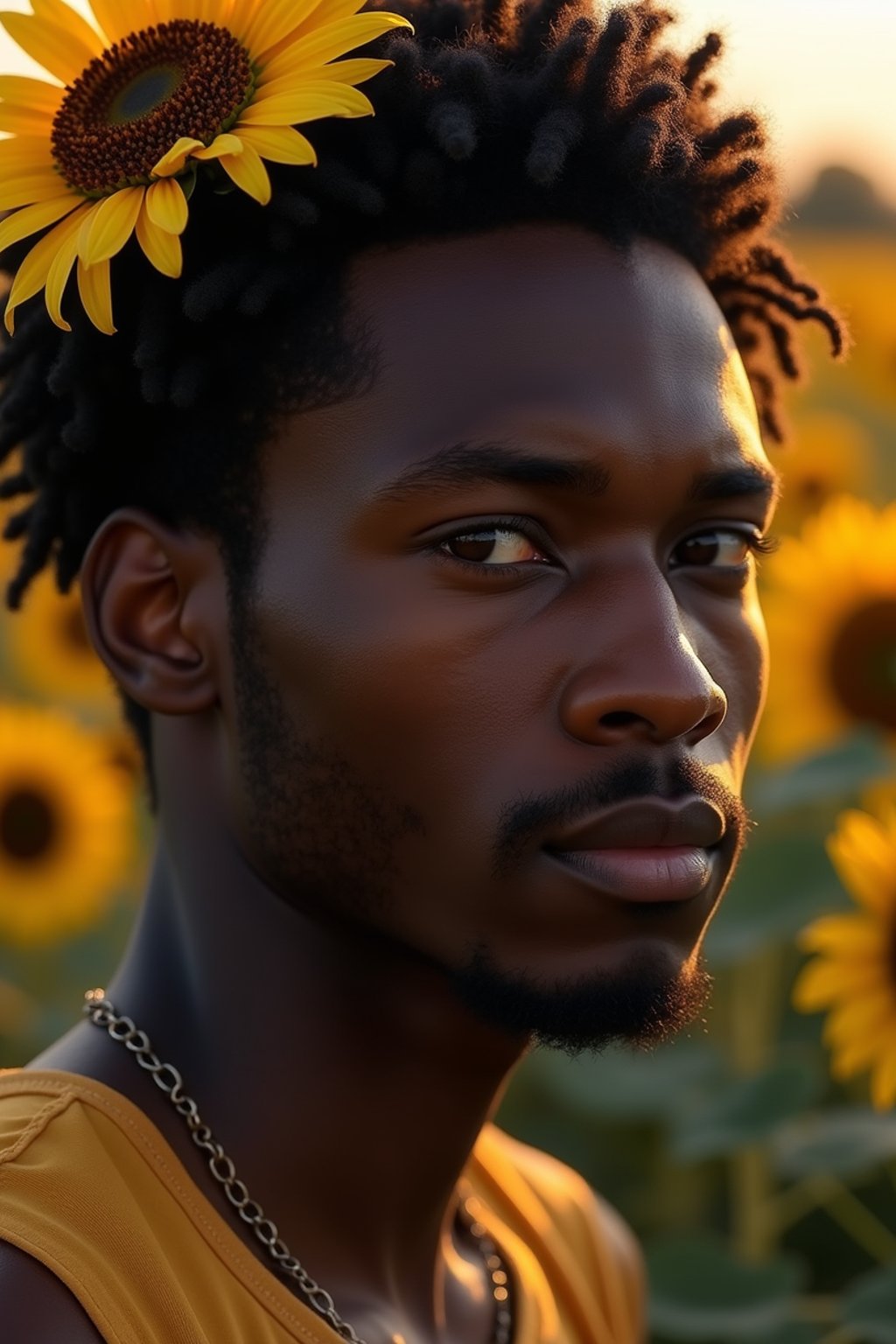 Close face shot of a man with a sunflower in hair, summer season, moody scene,, intricate, sharp details, summer vibe, gorgeous scene by gaston bussiere, craig mullins, somber lighting, drawn by giacomo burattini, inspired by graphic novel cover art, hyperrealistic, 8 k by rhads