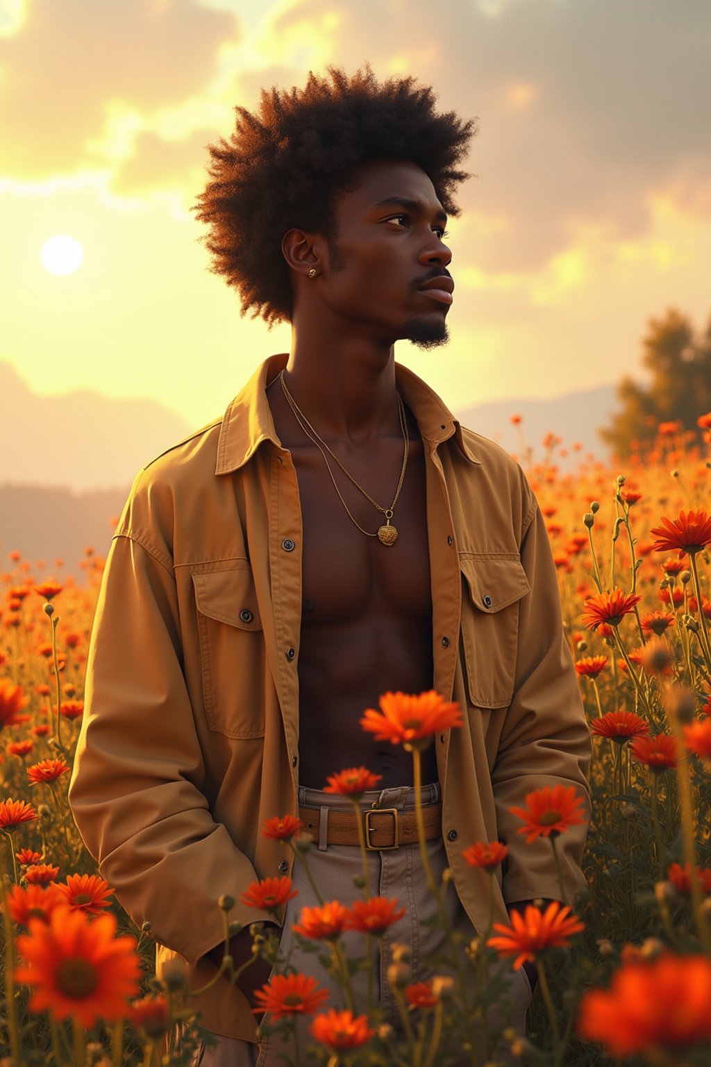 man | standing in field full of flowers | detailed gorgeous face! ! | full body! ! | god rays | intricate | elegant | realistic | hyperrealistic | cinematic | character design | concept art | illustration | digital art | digital painting | depth of field