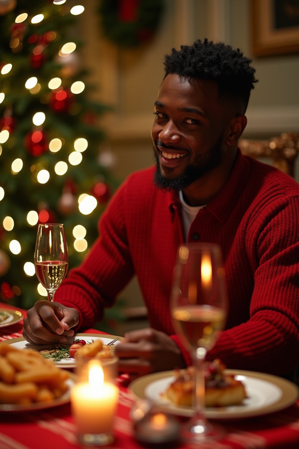 man at Christmas dinner wearing Christmas style clothes. Christmas tree in background. Christmas lights