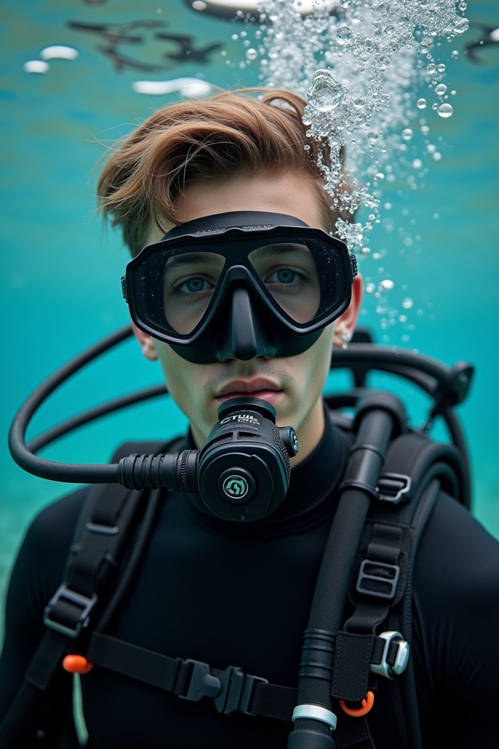 man as a scuba diver wearing diving goggles and wearing a wetsuit