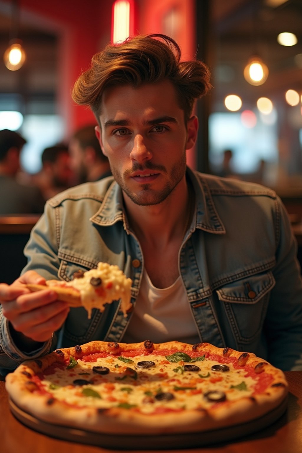 man sitting in a restaurant eating a large pizza