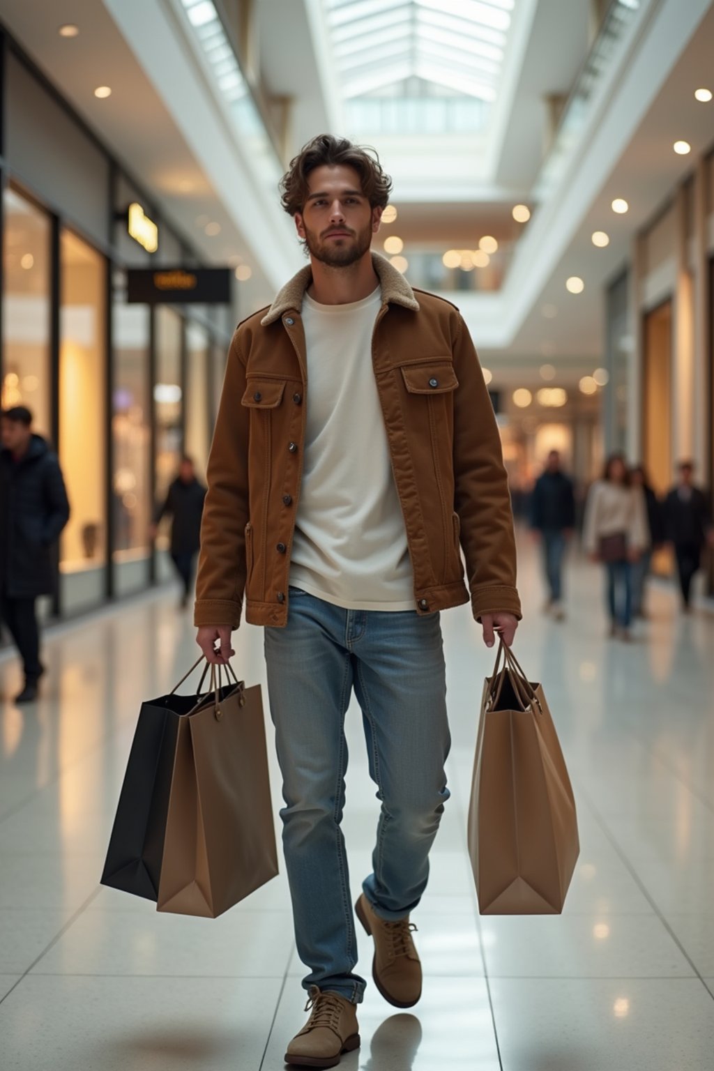 man walking in a shopping mall, holding shopping bags. shops in background