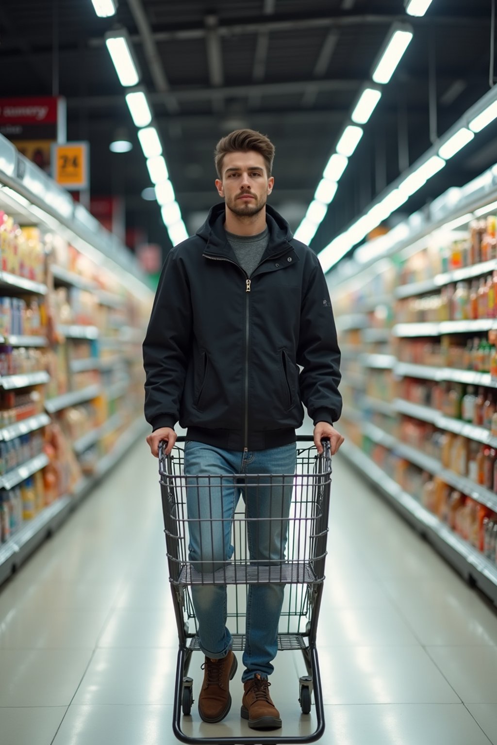 man in Supermarket walking with Shopping Cart in the Supermarket Aisle. Background of Supermarket