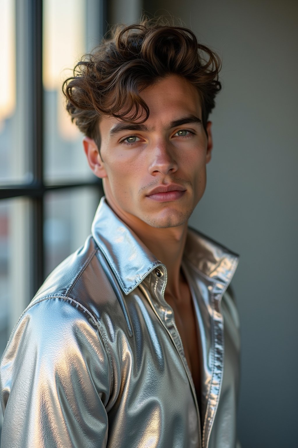 man in silver metallic style, wearing shiny metallic fashion