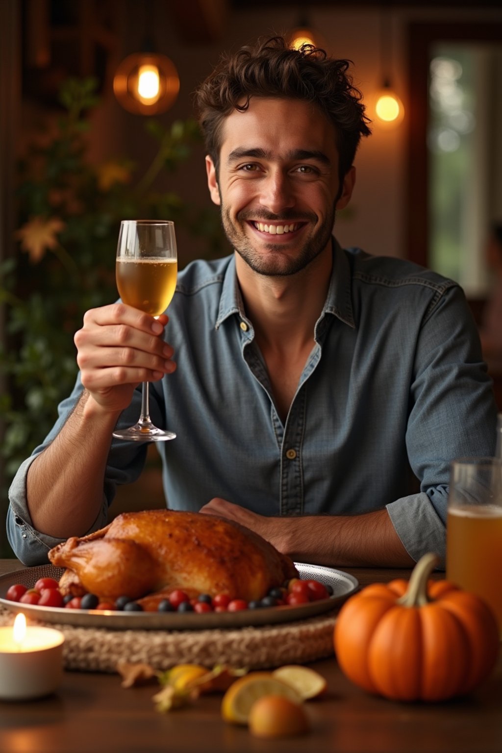 man celebrating Thanksgiving with cocktail and turkey meat in background