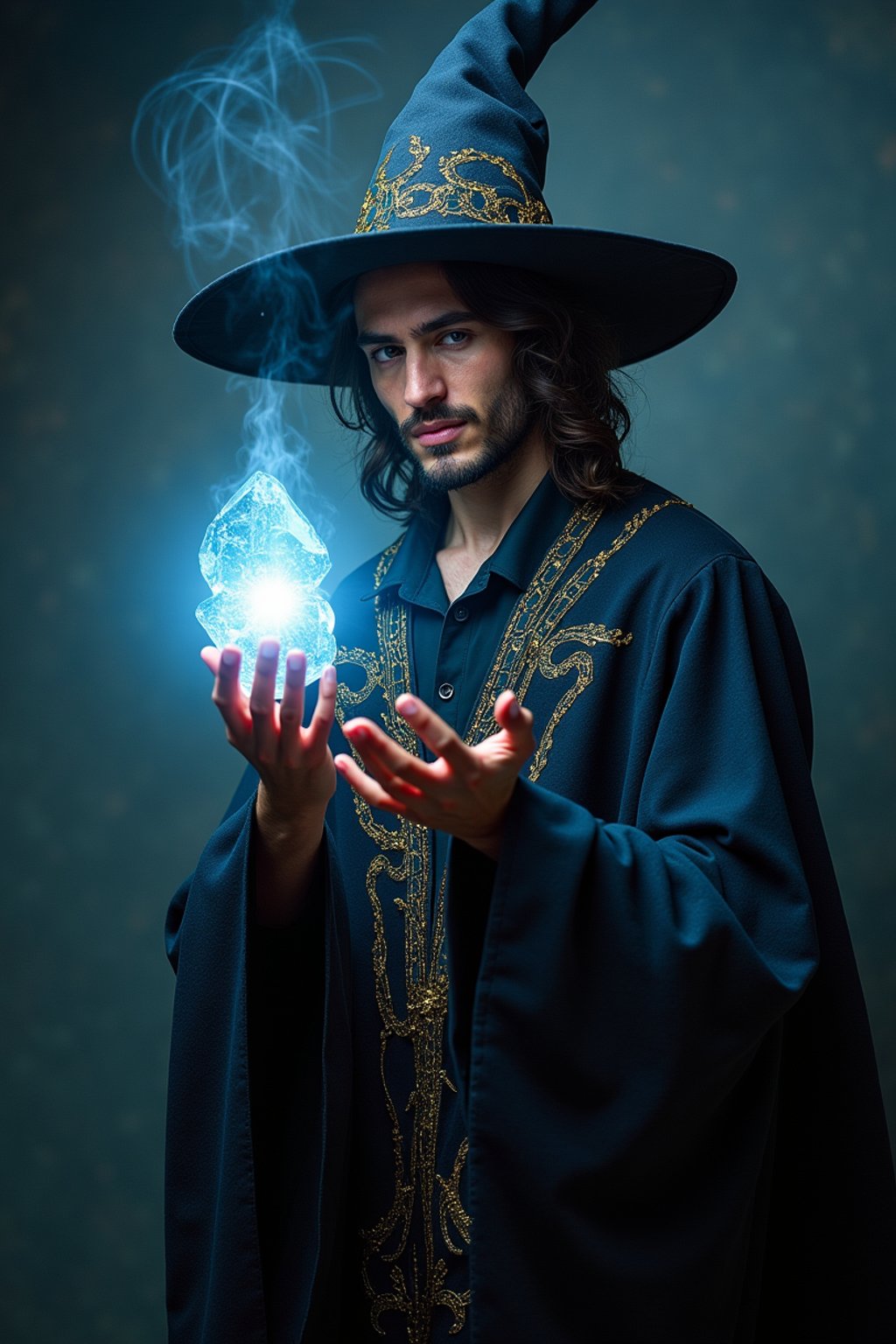 man as a Wizard with a Wizard robe and big hat, crystal magic, dramatic light