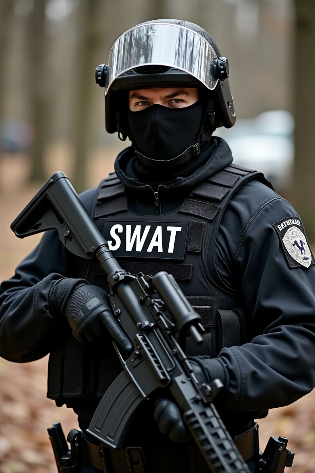 man as a SWAT Officer. wearing black swat vest, swat helmet, holding pdw