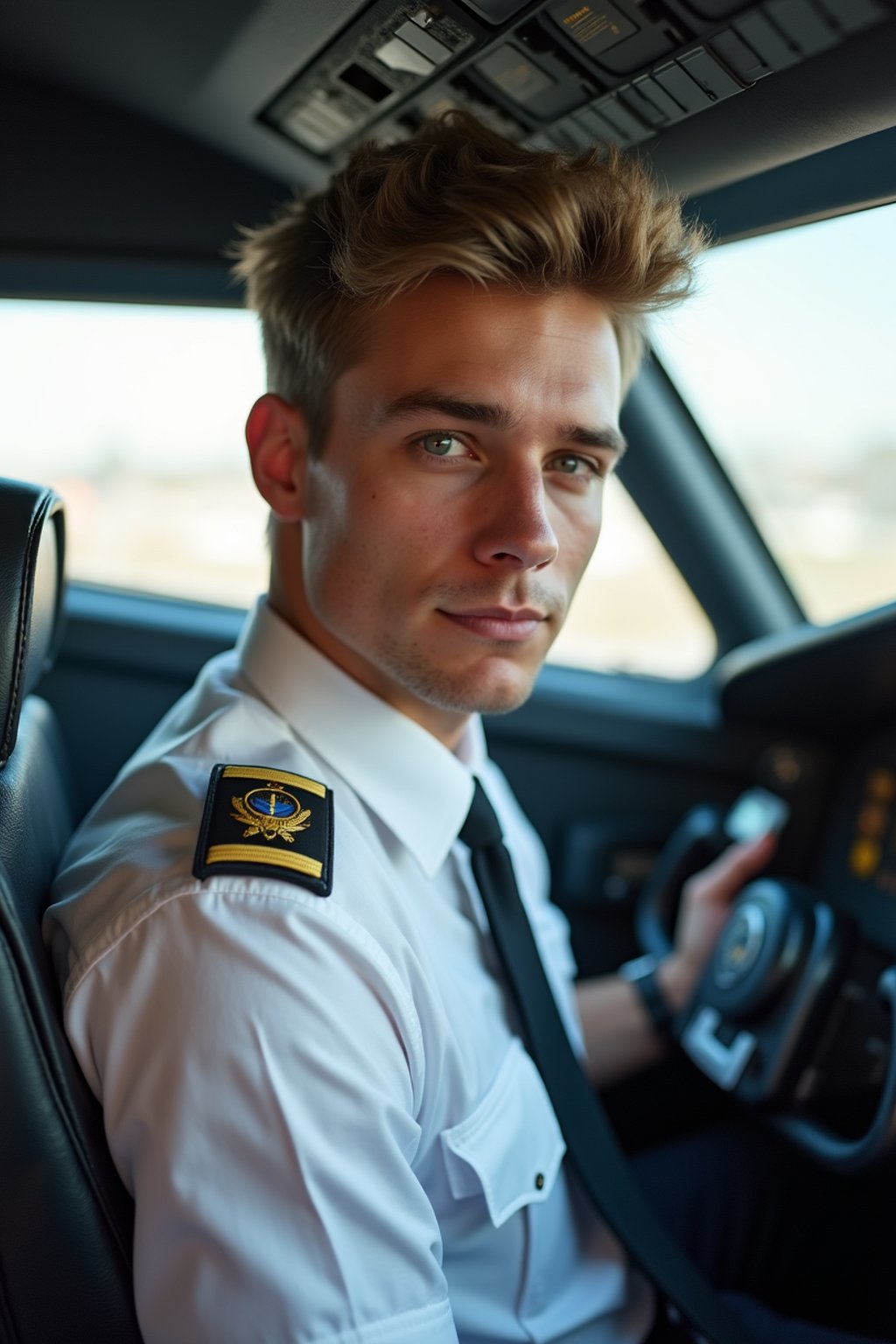 man as a Airline Pilot inside the Cockpit with white shirt Pilot Uniform