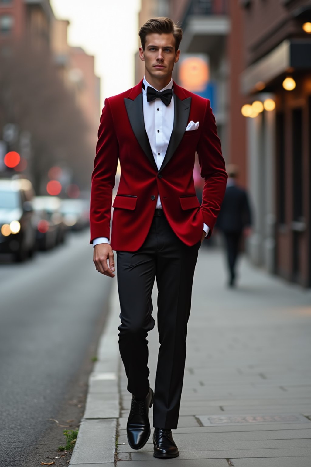 man in red tuxedo  showing cleavage walking on the curb in black shoes