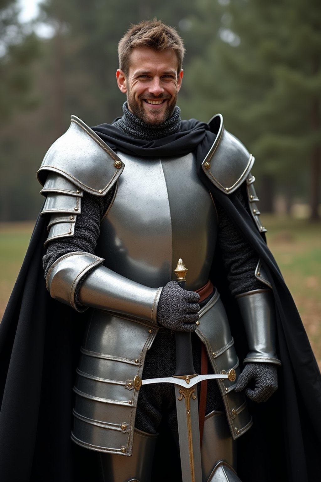 happy man as a Medieval Knight in silver armor, wearing a black elegant cape flowing in the wind, the knight holds a sword in one hand