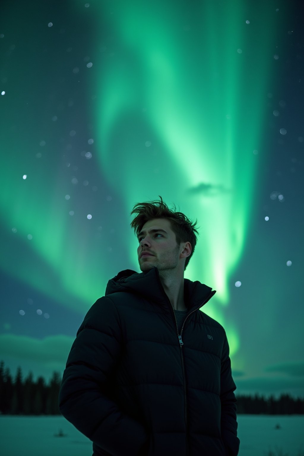 man at night at the Northern Lights Aurora Borealis