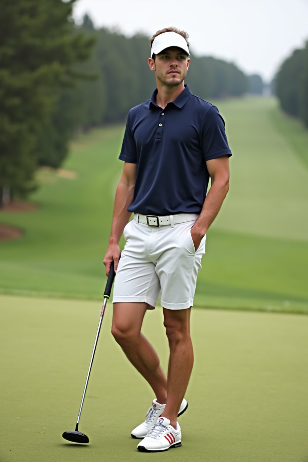 man as a Golfer on the Golf Course holding Golf Club wearing golf shorts or golf skirt, a collared shirt, golf pants