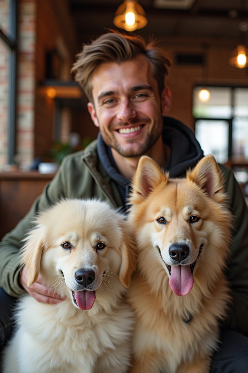 man in a Dog Cafe with many cute Samoyed and Golden Retriever dogs