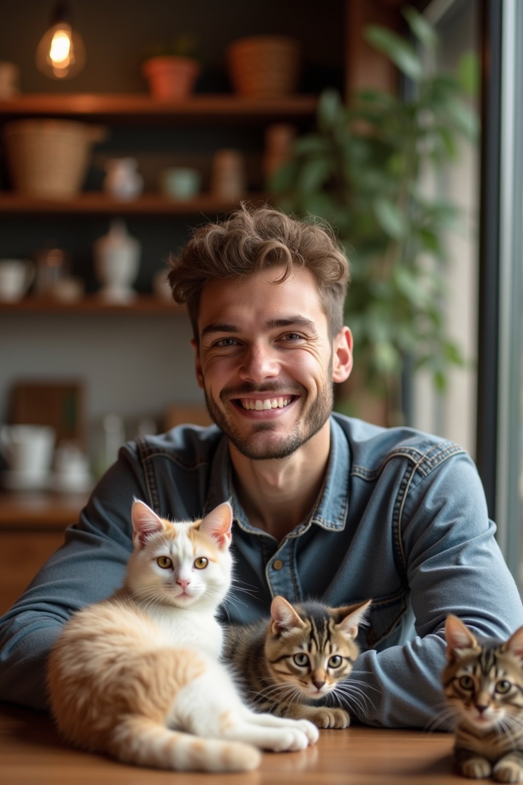 man in a Cat Cafe with many cute Cats and Kittens around them