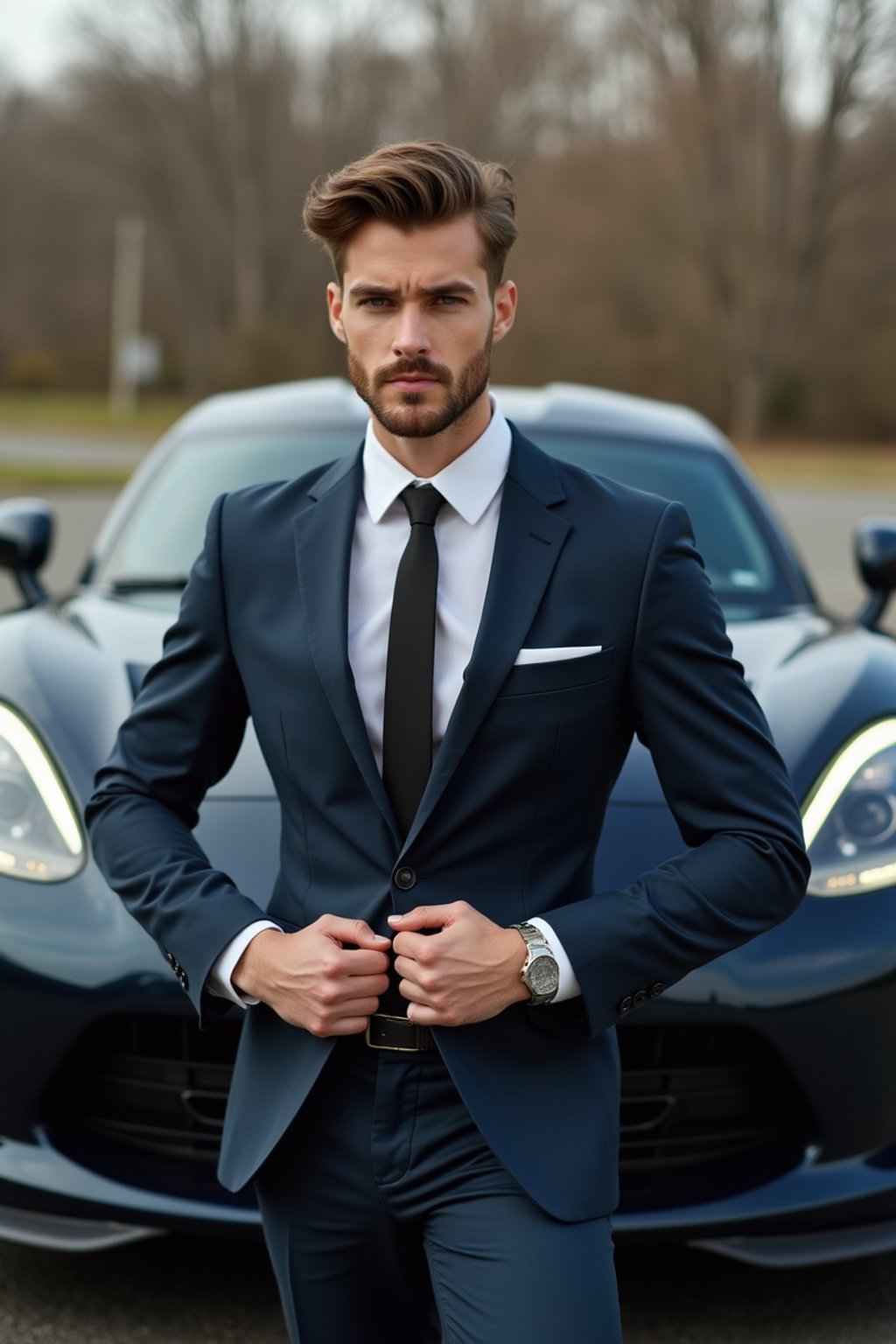 man wearing suit  posing in front of a sports car