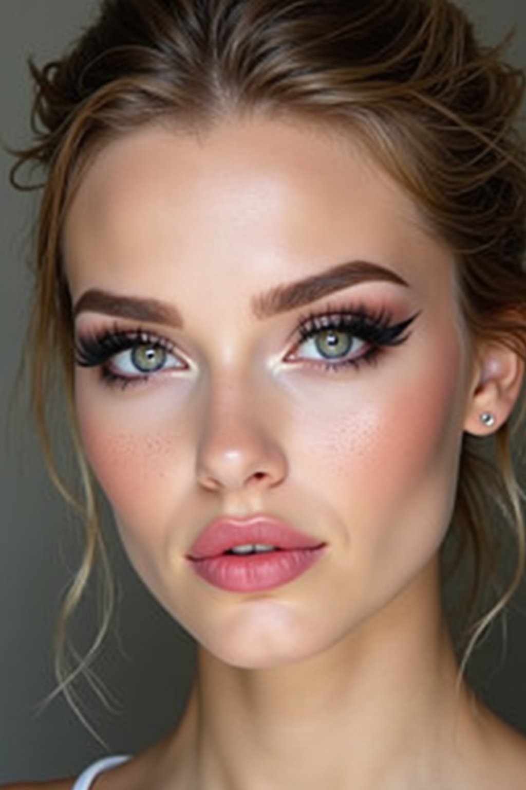 make up ideas for man. fake eyelashes, perfect cat eyeliner, light pink lipstick