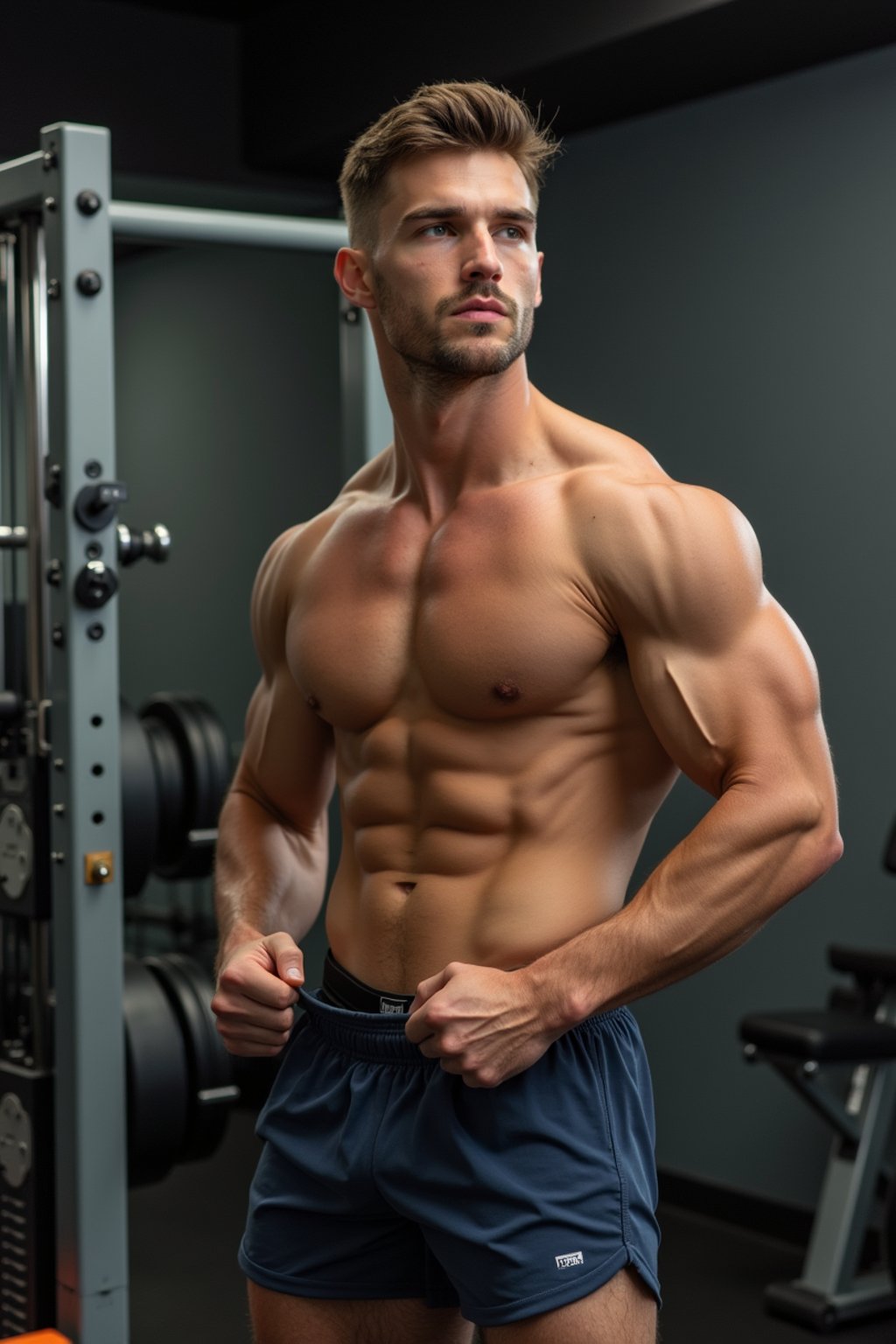 man in shorts and shirtless  in the fitness gym working out