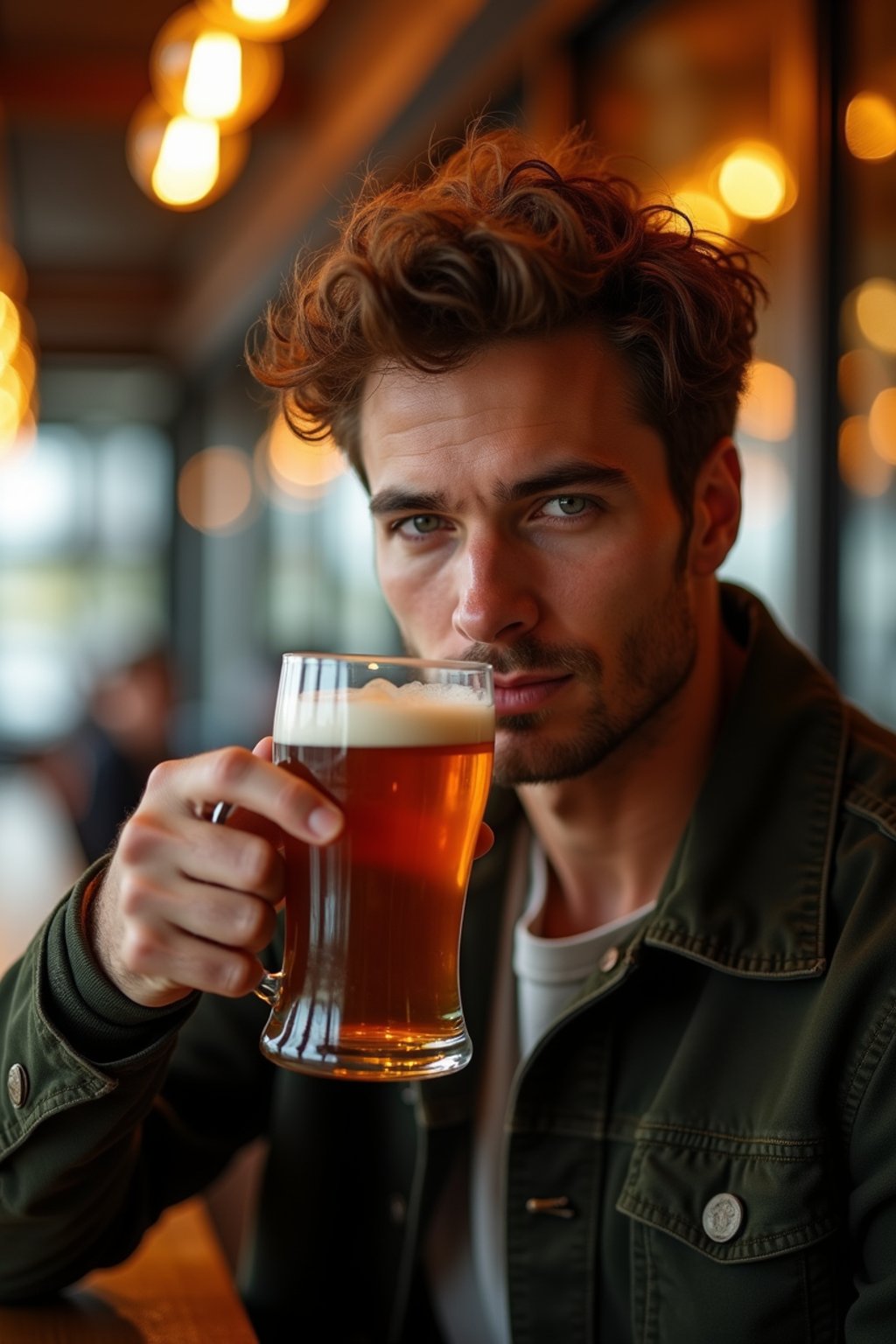 man in a busy bar drinking beer. holding an intact pint glass mug of beer