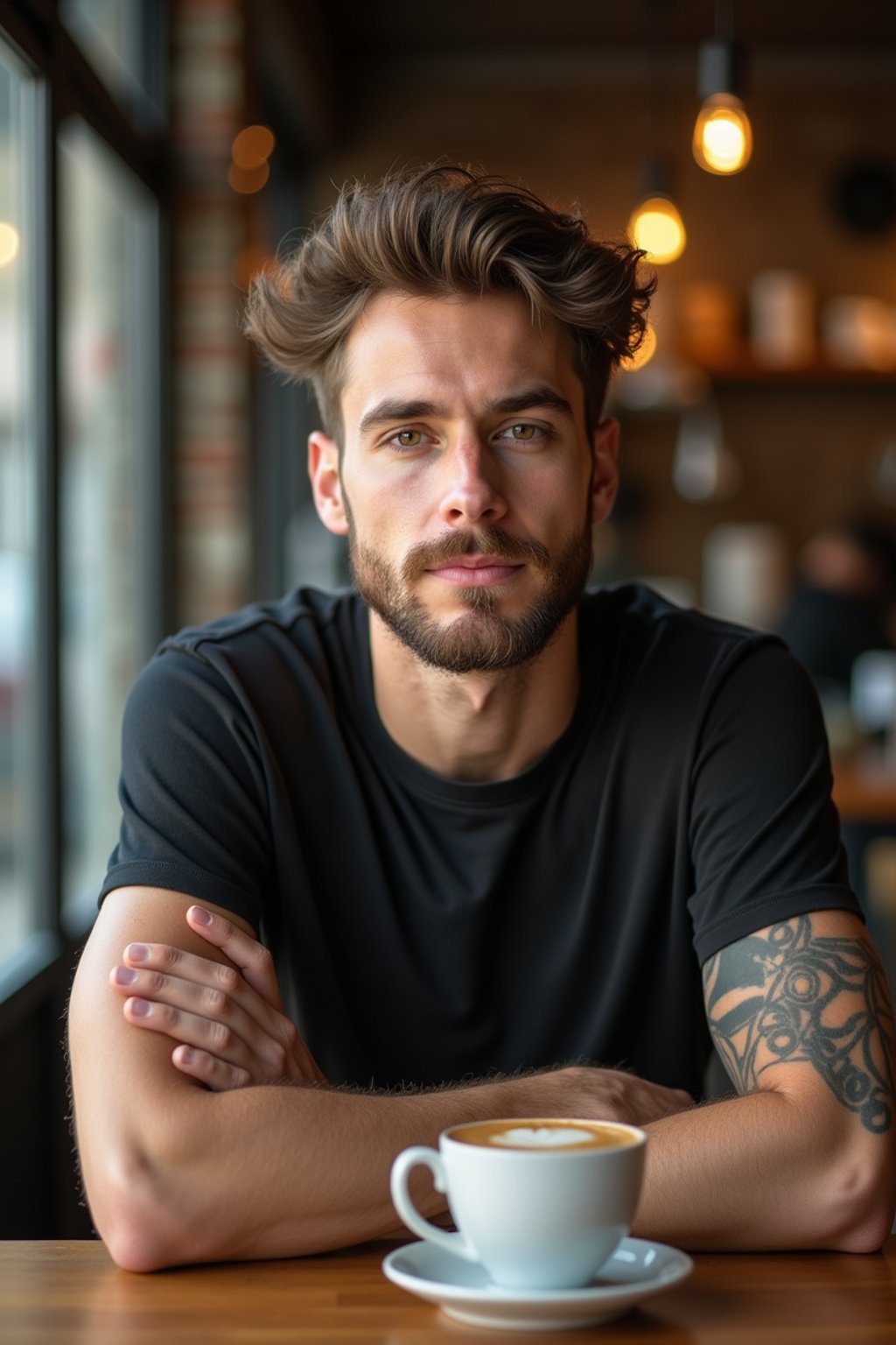 man in hipster coffee place with coffee cup on table