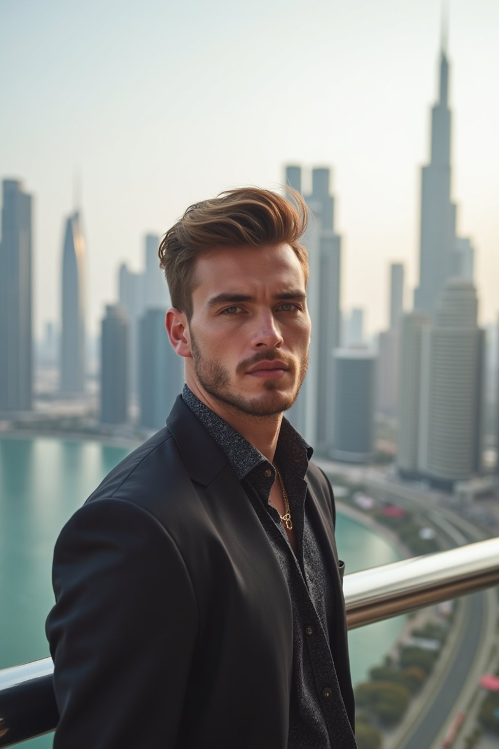 man standing in front of city skyline viewpoint in Dubai with city skyline in background