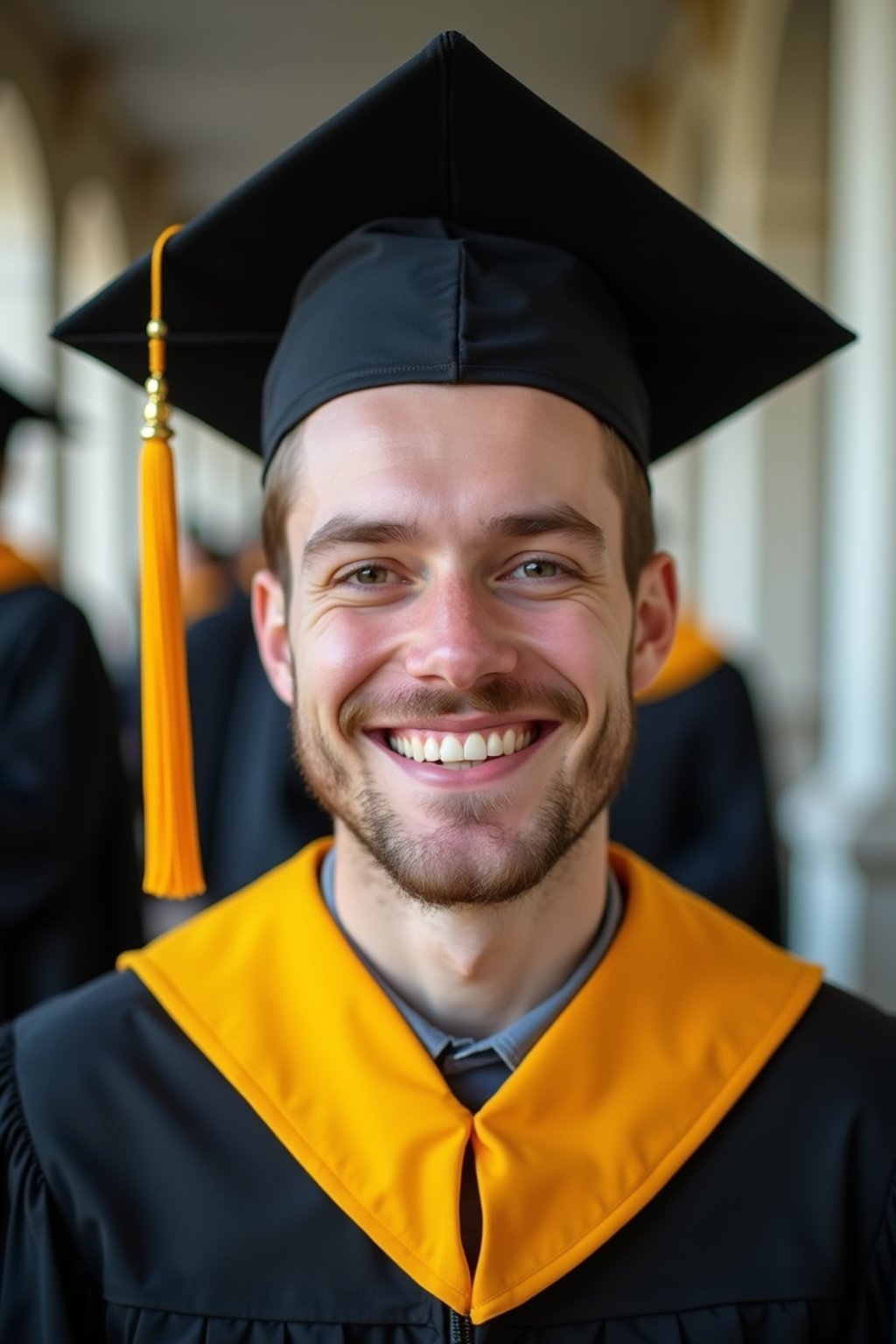 happy  man in Graduation Ceremony wearing a square black Graduation Cap with yellow tassel at college