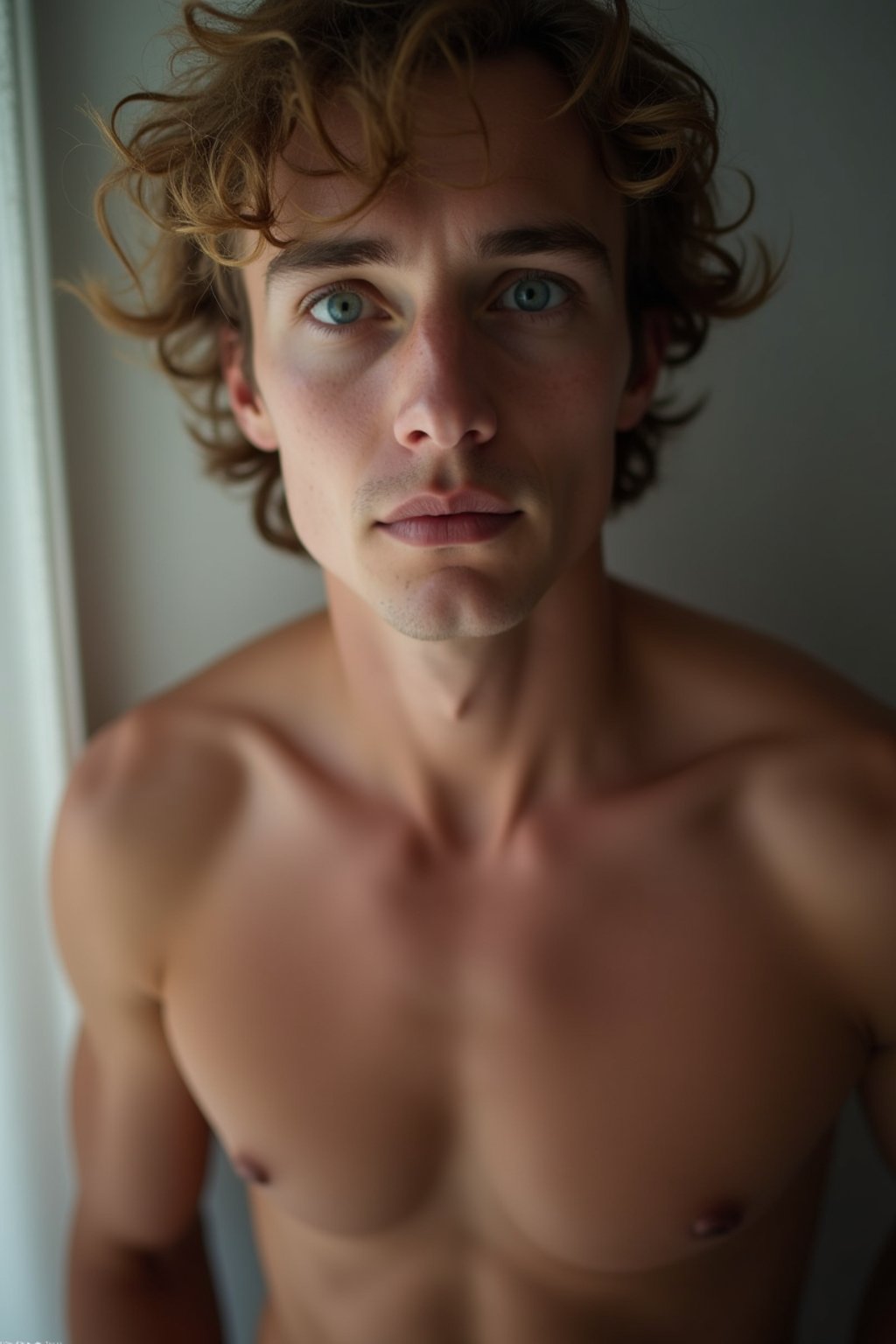 man wearing underwear  in Men's Health  centerfold photoshoot. intact eyes, symmetrical eyes, realistic skin texture. hyper realistic eyes. photorealistic