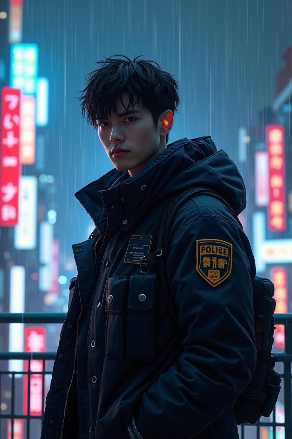 man as futuristic beautiful cyberpunk police officer, in heavy rainning futuristic tokyo rooftop cyberpunk night, ssci-fi, fantasy, intricate, very very beautiful, elegant, neon light, highly detailed, digital painting, artstation, concept art, soft light, hdri, smooth, sharp focus, illustration, art by tian zi and craig mullins and wlop and alphonse mucha