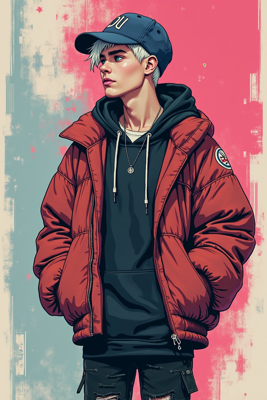 full body of a street punk man student, blue eyes, bubble jacket, hat, white hair by atey ghailan, by greg rutkowski, by greg tocchini, by james gilleard, by joe fenton, by kaethe butcher, gradient pink, black, brown and light blue color scheme, grunge aesthetic