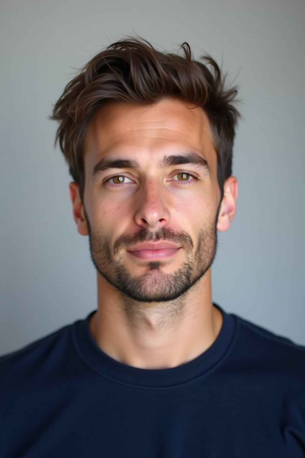 man as official passport photo for government documents. wearing a dark blue navy t-shirt. photorealistic. light gray background. entire face visible. entire head visible