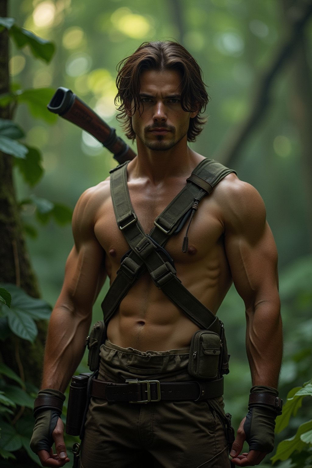 man as masculine male sidekick of Lara Croft  in Tombraider, in rainforest, cinematic lighting