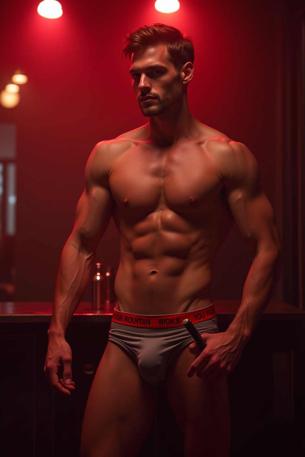 man in sexy underwear  as a chippendale  in strip club. wide shot. cinematic lighting