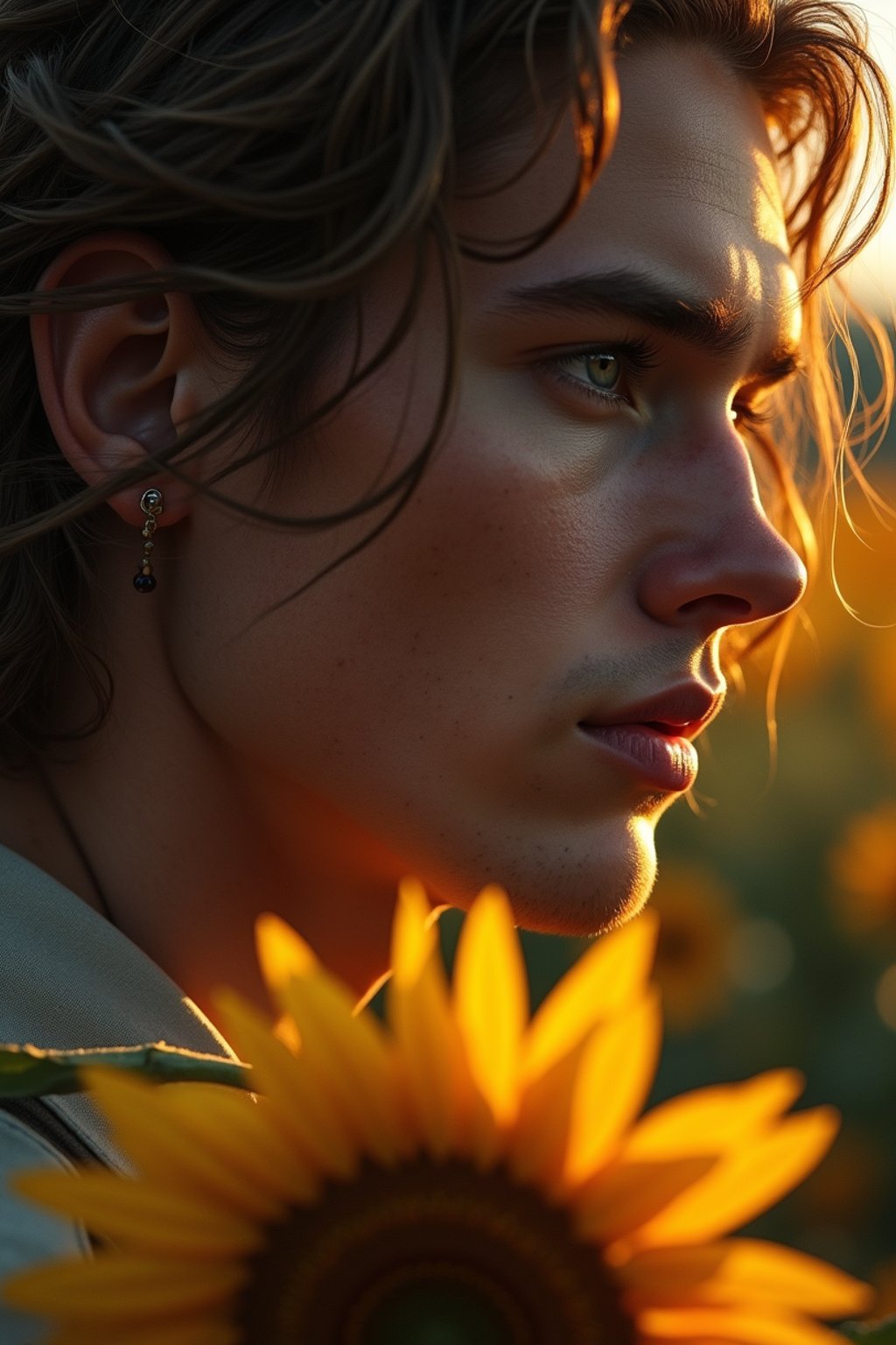 Close face shot of a man with a sunflower in hair, summer season, moody scene,, intricate, sharp details, summer vibe, gorgeous scene by gaston bussiere, craig mullins, somber lighting, drawn by giacomo burattini, inspired by graphic novel cover art, hyperrealistic, 8 k by rhads